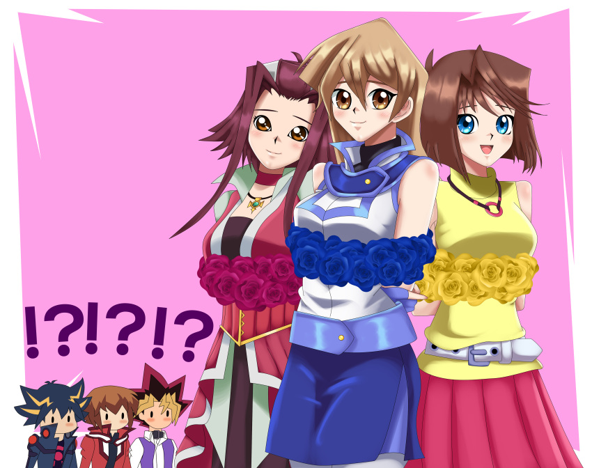 3boys 3girls arms_behind_back black_hair blonde_hair blue_eyes blue_skirt blush bound brown_hair chibi duel_academy_uniform_(yu-gi-oh!_gx) fudou_yuusei happy izayoi_aki long_hair mazaki_anzu multicolored_hair mutou_yuugi orange_eyes redhead rose short_hair sincity2100 smile spiky_hair tenjouin_asuka tied_up yuu-gi-ou yuu-gi-ou_5d's yuu-gi-ou_duel_monsters yuu-gi-ou_gx yuuki_juudai