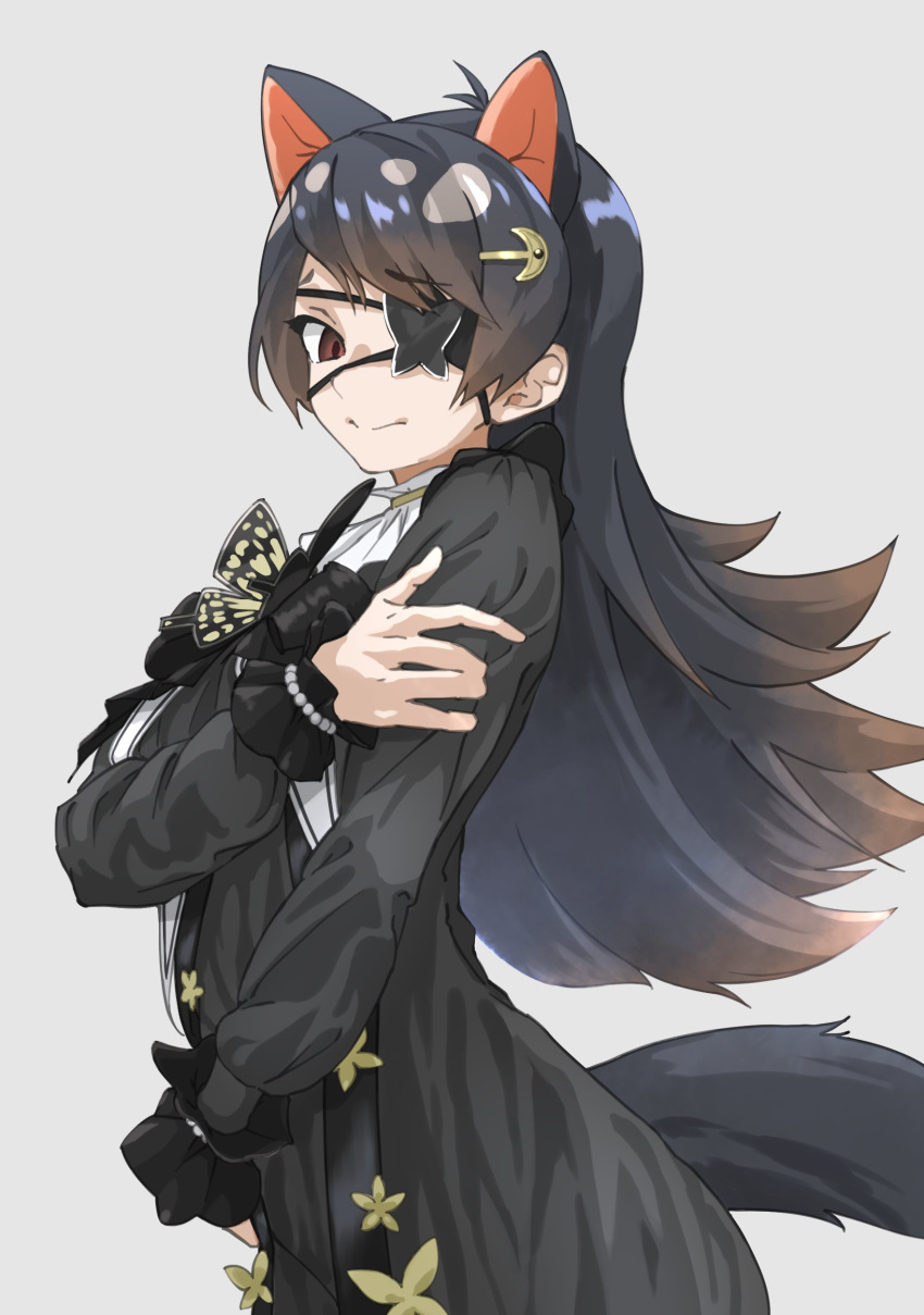 1girl absurdres animal_ears australian_devil_(kemono_friends) bangs black_dress black_hair brown_eyes commentary dress empty_eyes extra_ears eyebrows_visible_through_hair eyepatch gothic_lolita grey_background hair_ornament hairclip highres kemono_friends lolita_fashion long_hair long_sleeves looking_at_viewer one_eye_covered simple_background solo swept_bangs tanabe_(fueisei) tasmanian_devil_ears tasmanian_devil_tail