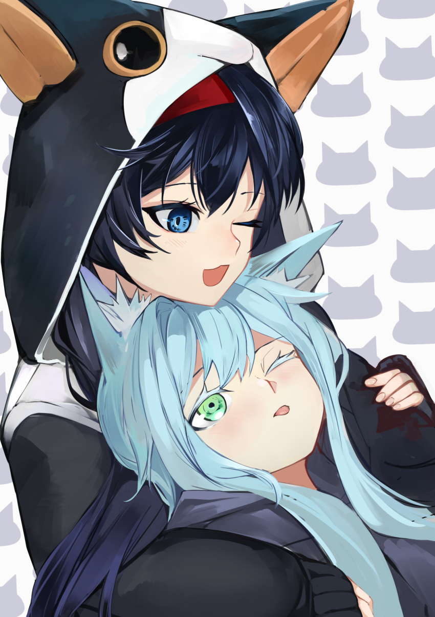 2girls ;d animal_ears animal_hood ao_oni_(onioni-aoi) arknights bangs black_hair black_jacket blaze_(arknights) blue_eyes blue_hair blush cat_ears cat_hood commentary_request eyebrows_behind_hair fake_animal_ears green_eyes hairband highres hood hood_up hooded_jacket jacket long_hair long_sleeves multiple_girls one_eye_closed puffy_long_sleeves puffy_sleeves red_hairband rosmontis_(arknights) sleeves_past_wrists smile tongue tongue_out white_background