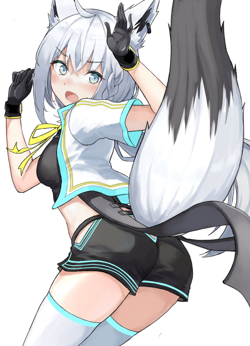 1girl ahoge animal_ears bangs black_gloves black_shirt black_shorts blush braid breasts commentary_request crop_top earrings eyebrows_visible_through_hair fox_ears fox_girl fox_tail gloves green_eyes hair_between_eyes highres hololive jewelry long_hair looking_at_viewer looking_back open_mouth shirakami_fubuki shirt short_shorts short_sleeves shorts sidelocks simple_background single_braid small_breasts solo tail thigh-highs vest virtual_youtuber white_background white_hair white_legwear white_vest yubi_pen