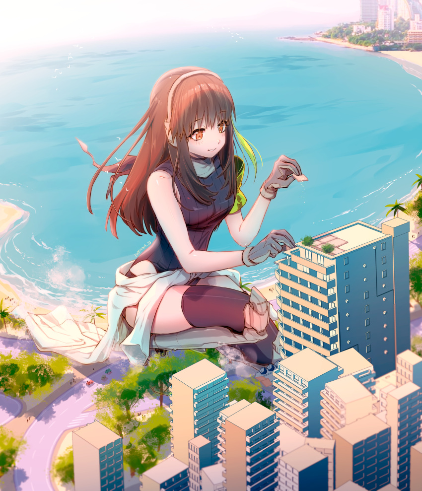 1girl absurdres armband artist_name bangs beach black_eyes black_gloves black_hair black_legwear building car city clothes_around_waist commission day eudetenis eyebrows_visible_through_hair giant giantess girls_frontline gloves green_hair ground_vehicle headphones highres jacket jacket_around_waist leotard long_hair m4a1_(girls'_frontline) motor_vehicle multicolored_hair ocean outdoors palm_tree ribbed_leotard road sand smile solo streaked_hair thigh-highs tree two-tone_hair