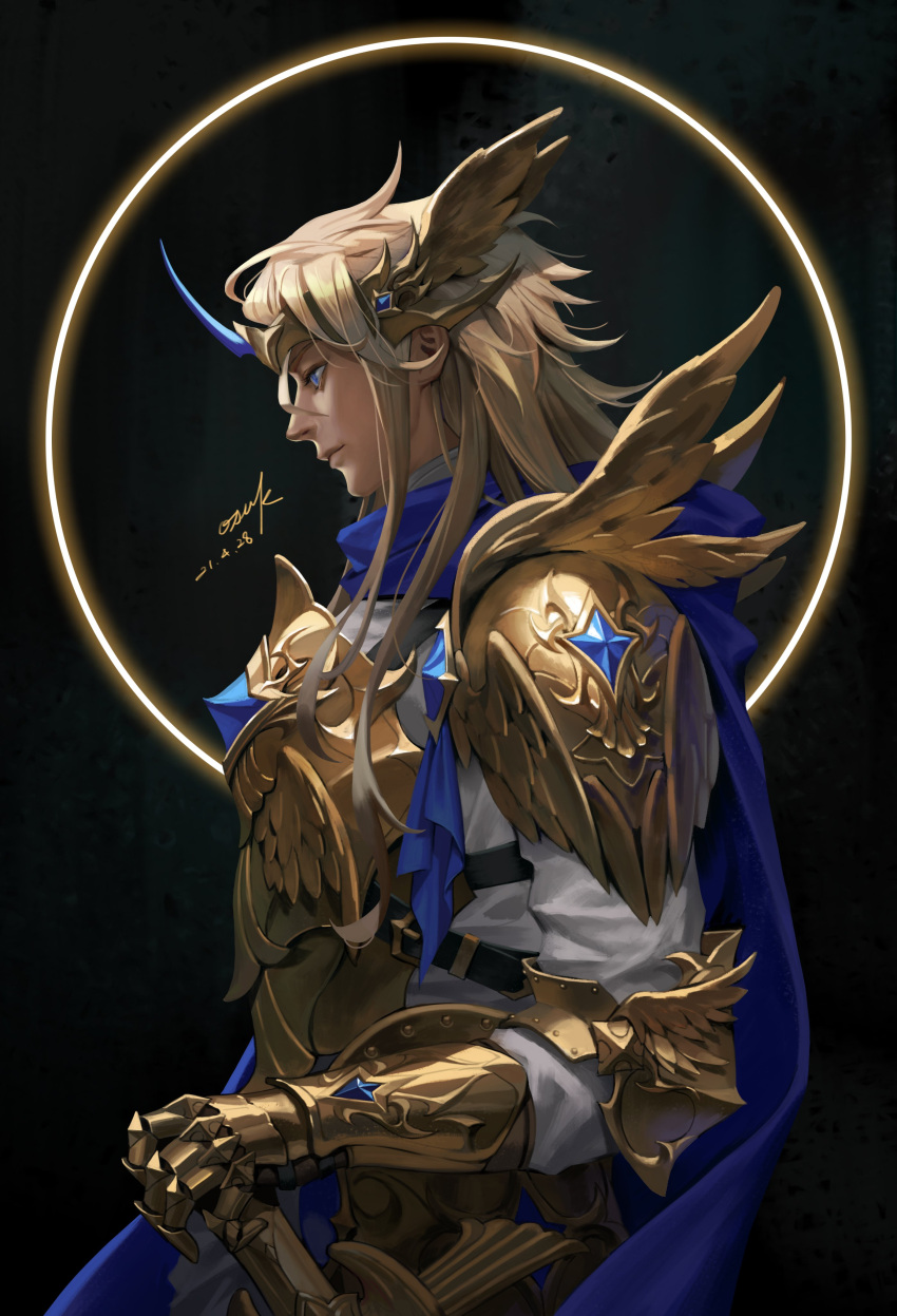 1boy absurdres armor artist_name black_background blonde_hair blue_cape blue_eyes blue_scarf breastplate cape circle closed_mouth copyright_request dated eyelashes fake_wings flipped_hair from_side gauntlets gem hairband hand_on_hilt head_wings headband highres horns korean_commentary lips long_hair long_sleeves male_focus multiple_wings pauldrons profile scarf shirt shoulder_armor signature single_horn solo soo_kyung_oh sword upper_body weapon white_shirt winged_hairband wings