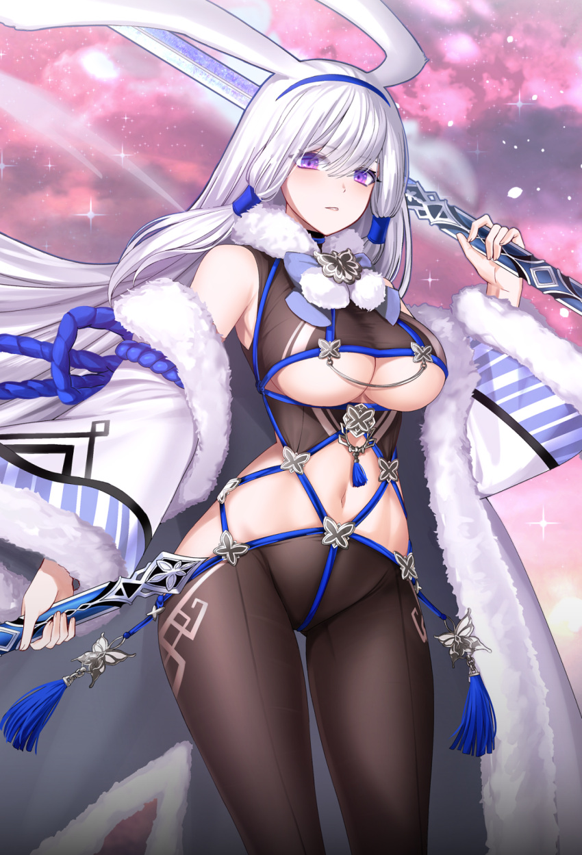 1girl animal_ears bindong blue_hairband breasts brown_legwear bug butterfly coat contrapposto dual_wielding eyebrows_visible_through_hair fur_coat fur_collar hairband highres holding holding_sword holding_weapon large_breasts long_hair looking_at_viewer navel original pantyhose parted_lips rabbit_ears revealing_clothes shibari sidelocks solo star_(sky) stomach sword under_boob very_long_hair violet_eyes weapon white_coat white_hair wind