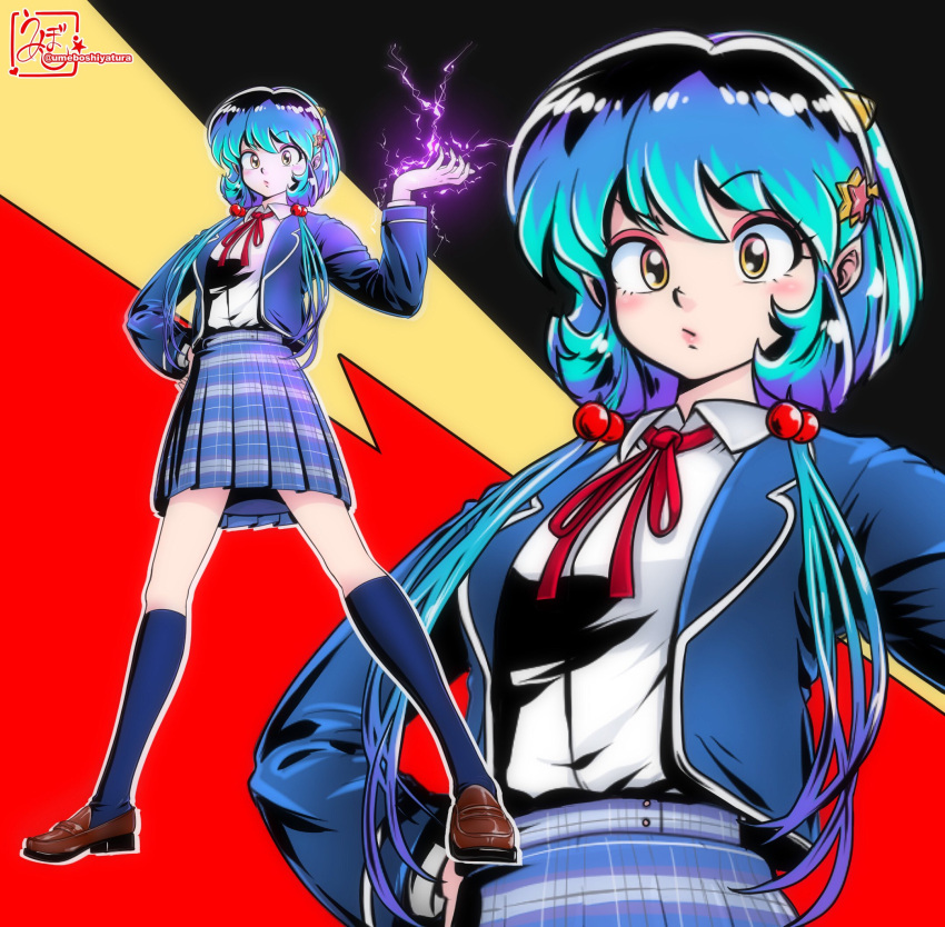 1girl aqua_hair bangs blazer blue_jacket blue_skirt breasts brown_footwear character_request collared_shirt commentary_request dress_shirt electricity hair_bobbles hair_ornament hand_on_hip hand_up highres horns jacket kneehighs legs_apart loafers long_hair long_sleeves looking_at_viewer low_twintails lum neck_ribbon outline plaid plaid_skirt pleated_skirt pointy_ears puckered_lips red_ribbon ribbon shirt shoes skirt standing star_(symbol) star_hair_ornament twintails umeboshiyatura urusei_yatsura white_outline white_shirt yellow_eyes zoom_layer
