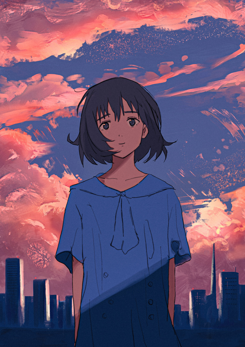 1girl absurdres bangs black_hair blue_eyes building city closed_mouth clouds commentary_request dress evening highres oka_kojiro10 original scenery shadow short_hair sky skyscraper smile solo upper_body