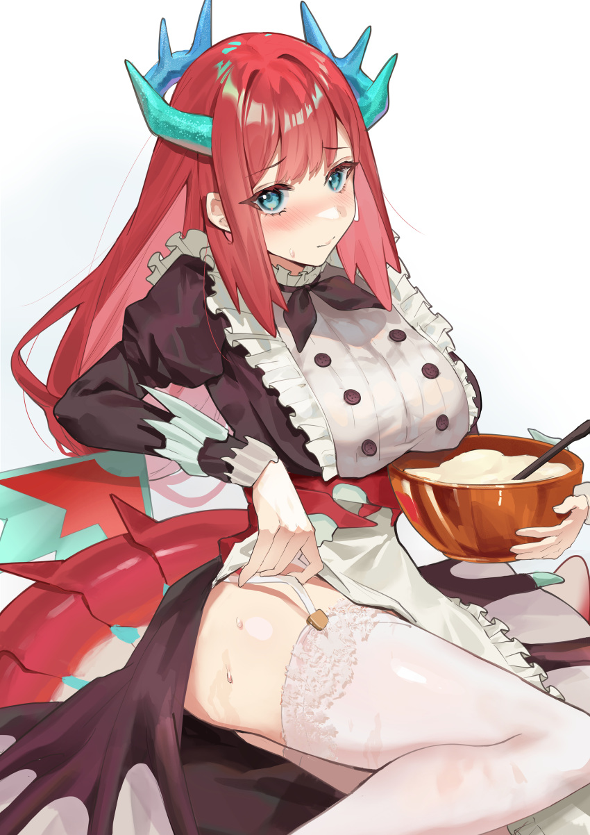 1girl absurdres apron aqua_eyes bangs blush breasts dragon_girl dragon_horns dragon_tail dress duel_monster eyebrows_visible_through_hair fang_qiao food garter_belt garter_straps highres horns kitchen_dragonmaid large_breasts long_hair long_sleeves looking_at_viewer maid maid_apron mixing_bowl open_mouth puffy_sleeves redhead simple_background sitting solo tail white_background yu-gi-oh!