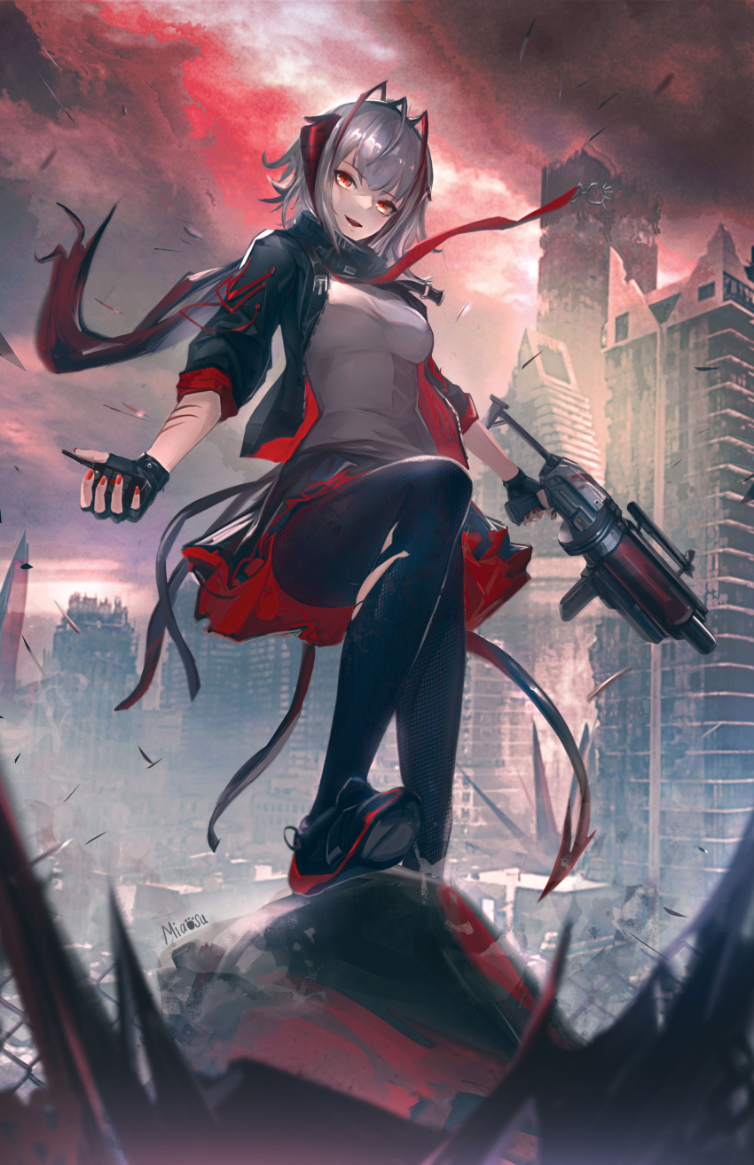 1girl :d absurdres antenna_hair arknights black_footwear black_gloves black_jacket black_legwear black_scarf breasts building city clouds cloudy_sky demon_girl demon_horns demon_tail detonator fingerless_gloves full_body gloves grey_shirt gun highres holding holding_gun holding_weapon horns jacket looking_at_viewer medium_breasts miaosu miniskirt multicolored_hair nail_polish open_clothes open_jacket open_mouth outdoors pantyhose red_eyes red_nails red_sky redhead ruins scar scar_on_arm scarf shirt short_hair signature silver_hair skirt sky smile solo standing tail torn_clothes torn_legwear two-tone_hair w_(arknights) weapon
