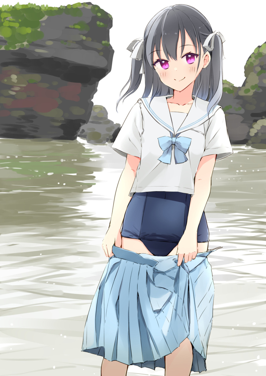 1girl black_hair blue_swimsuit clothes_pull haoriya_chie_(minidraco) highres long_hair looking_at_viewer minidraco old_school_swimsuit one-piece_swimsuit original outdoors pink_eyes ribbon school_swimsuit school_uniform serafuku shirt short_sleeves skirt skirt_pull smile solo swimsuit swimsuit_under_clothes two_side_up undressing water white_shirt