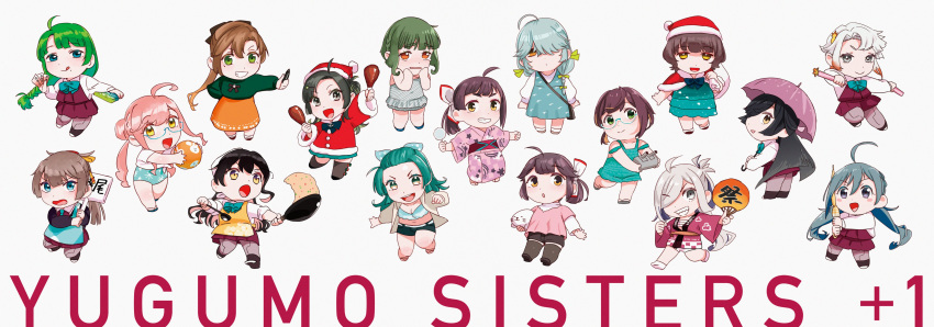 6+girls absurdres ahoge akigumo_(kancolle) akishimo_(kancolle) apron aqua_swimsuit asashimo_(kancolle) black_hair brown_hair casual_one-piece_swimsuit chibi commentary_request cooking cotton_candy dress fujinami_(kancolle) glasses green_hair grey_hair grey_swimsuit grin hamanami_(kancolle) hand_fan happi hat hayanami_(kancolle) hayashimo_(kancolle) highres japanese_clothes kantai_collection kazagumo_(kancolle) kimono kishinami_(kancolle) kiyoshimo_(kancolle) long_hair makigumo_(kancolle) makinami_(kancolle) multicolored_hair multiple_girls naganami_(kancolle) official_alternate_costume ojipon okinami_(kancolle) one-piece_swimsuit paper_fan pink_hair pink_kimono placard ponytail sack santa_hat school_uniform short_hair short_ponytail sign silver_hair simple_background smile stuffed_seal suzunami_(kancolle) swimsuit takanami_(kancolle) twintails two-tone_hair uchiwa umbrella white_background wok yellow_apron yukata yuugumo_(kancolle)