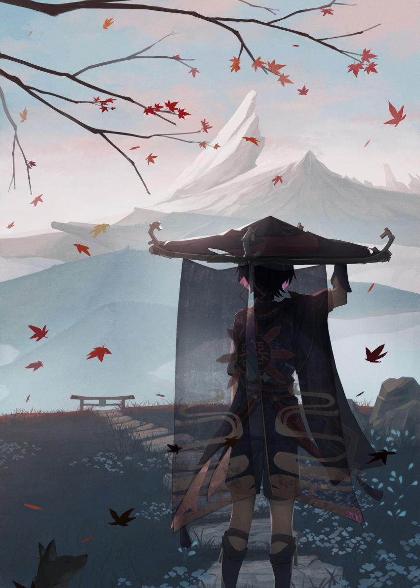 1boy arm_guards black_shorts boots falling_leaves flower from_behind genshin_impact grass hat highres holding holding_clothes holding_hat japanese_clothes jingasa lake leaf maple_leaf mountainous_horizon sandals scaramouche_(genshin_impact) scenery shorts sky solo standing torii tree veil vista_lipper water