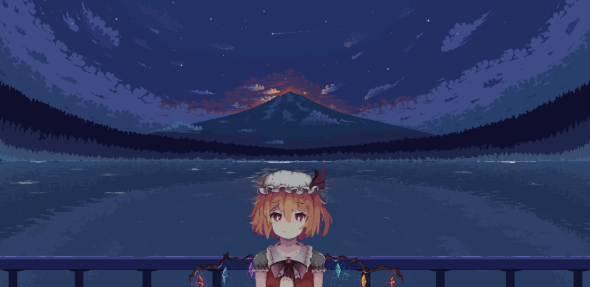 1girl black_bow black_bowtie blonde_hair bow bowtie closed_mouth clouds collared_shirt commentary crystal dawn eyebrows_visible_through_hair flandre_scarlet forest frilled_shirt_collar frills glowing glowing_wings hair_between_eyes hand_on_own_chest hat hat_ribbon highres lake lettersan mob_cap mountain nature night night_sky orange_eyes pixel_art railing red_ribbon red_vest ribbon scenery shirt short_hair sky smile solo star_(sky) starry_sky touhou tree upper_body vest water white_headwear white_shirt wings