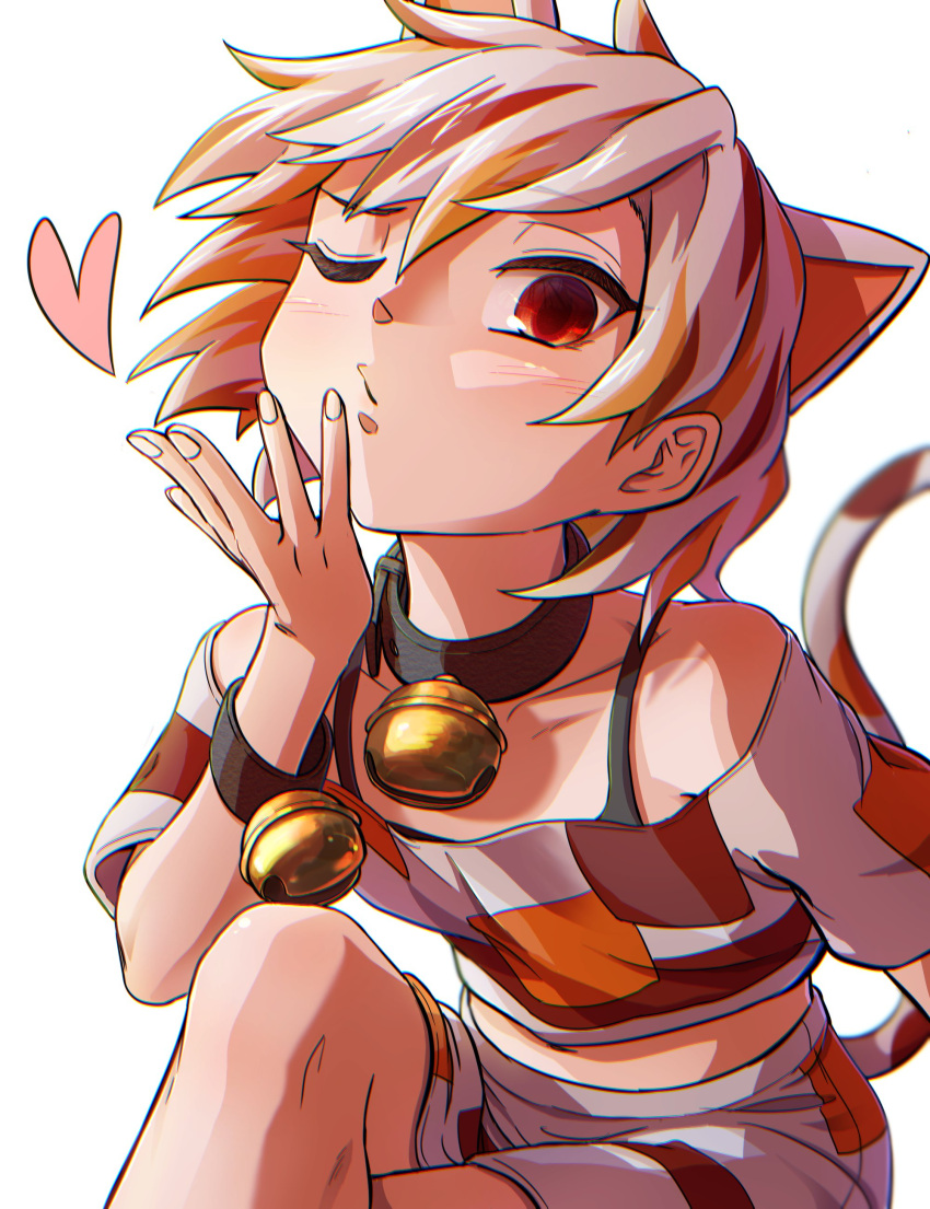 1girl absurdres adapted_costume animal_ears bangs bell blowing_kiss calico cat_ears cat_girl cat_tail collarbone commentary_request crop_top gold goutokuji_mike heart highres jingle_bell kusiyan maneki-neko multicolored_clothes multicolored_hair multicolored_shirt multicolored_shorts multicolored_tail navel neck_bell off-shoulder_shirt off_shoulder one_eye_closed orange_eyes patch patchwork_clothes shirt short_hair short_sleeves shorts simple_background streaked_hair tail touhou white_background white_hair