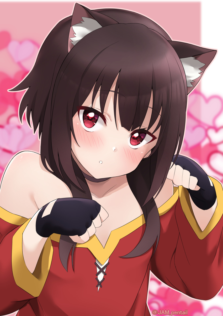 1girl animal_ear_fluff animal_ears bangs black_gloves blurry blurry_background blush cat_ears choker collarbone fingerless_gloves gloves hat heart highres jampen kono_subarashii_sekai_ni_shukufuku_wo! looking_at_viewer megumin pink_background red_eyes solo upper_body witch_hat