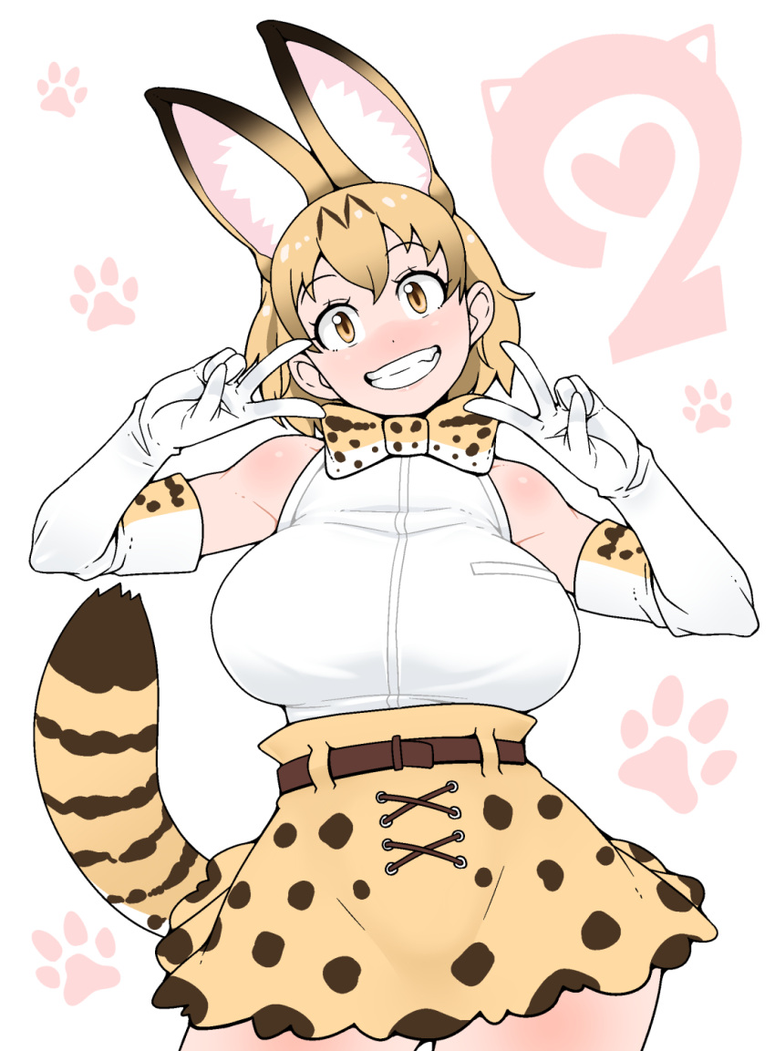 1girl animal_ears blush booth_tomato breasts brown_eyes brown_skirt double_v elbow_gloves eyebrows_visible_through_hair gloves grin highres kemono_friends large_breasts looking_at_viewer orange_hair parted_lips serval_(kemono_friends) serval_print short_hair skirt smile solo tail teeth v white_gloves
