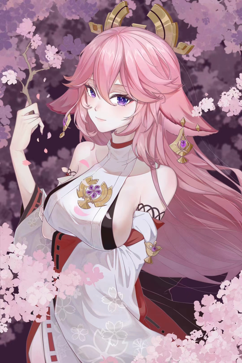 1girl animal_ears bare_shoulders branch breasts cherry_blossoms collarbone commentary_request detached_sleeves earrings floppy_ears fox_ears genshin_impact hair_ornament highres holding holding_branch japanese_clothes jewelry large_breasts light_blush light_smile long_hair looking_at_viewer low-tied_long_hair miko outdoors petals pink_background pink_hair priestess ribbon-trimmed_sleeves ribbon_trim sideboob solo tree tu_shan upper_body violet_eyes vision_(genshin_impact) wide_sleeves yae_miko