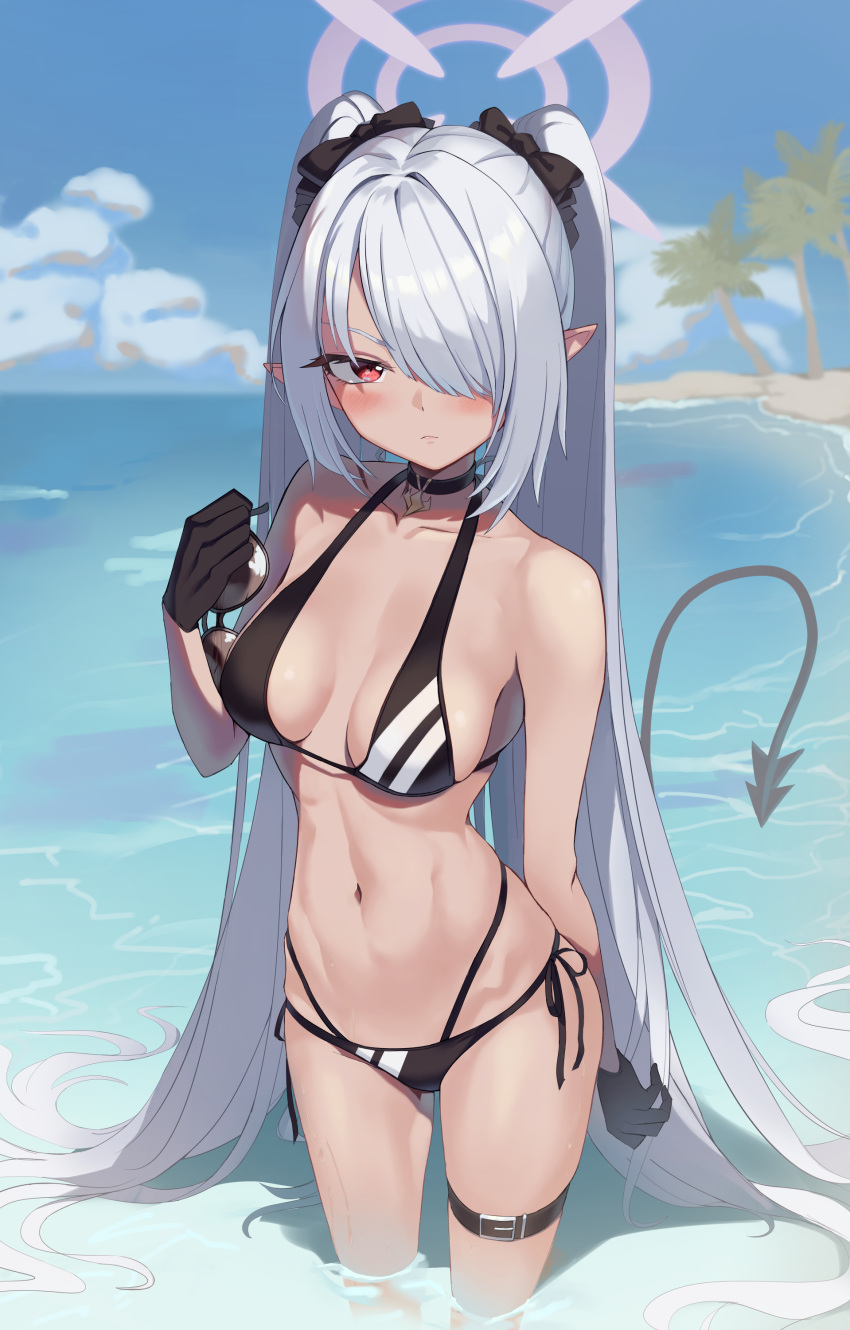 1girl absurdres bangs beach bikini binu_(nadenade) black_bikini black_gloves blue_archive breasts choker clouds collarbone demon_tail gloves hair_over_one_eye hair_ribbon halo highres iori_(blue_archive) long_hair looking_at_viewer medium_breasts navel outdoors palm_tree partially_submerged pointy_ears red_eyes ribbon silver_hair sky swimsuit tail tree twintails