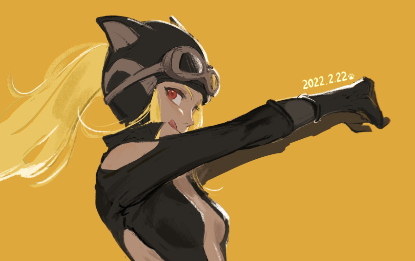 1girl animal_ears blonde_hair breasts cat_ears dark-skinned_female dark_skin domodesu goggles goggles_on_head gravity_daze hat highres kitten_(gravity_daze) long_hair looking_at_viewer ponytail red_eyes simple_background skin_tight smile solo tongue tongue_out