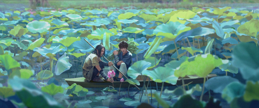 2boys arm_wrap black_hair boat bud carrying_over_shoulder chenalii commentary day ei_sei_(kingdom) english_commentary flower highres holding holding_flower holding_pole kingdom knees_up lake leaf looking_down lotus lotus_flower male_focus multiple_boys nature pants pole shin_(kingdom) shirt shoes short_hair short_sleeves sitting watercraft