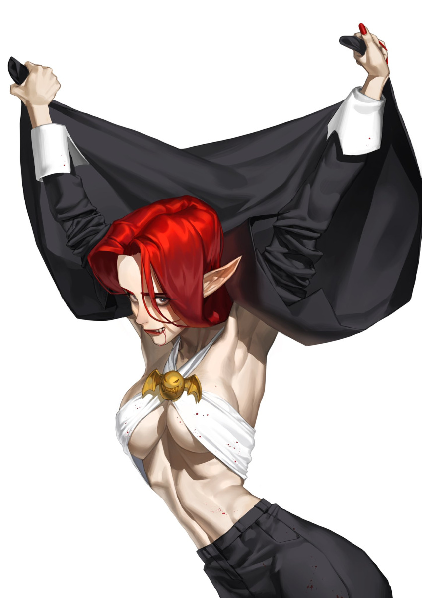 1girl armpits arms_up black_eyes black_jacket black_pants blood blood_from_mouth blood_on_clothes bra breasts clothes_grab commentary cowboy_shot criss-cross_halter dracula english_commentary fake_wings fangs grin hair_between_eyes halterneck heo_sung-moo highres holding jacket jacket_over_head large_breasts long_sleeves looking_at_viewer open_clothes open_jacket original pants pointy_ears red_lips red_nails redhead simple_background skinny smile solo toned underwear vampire white_background white_bra wings