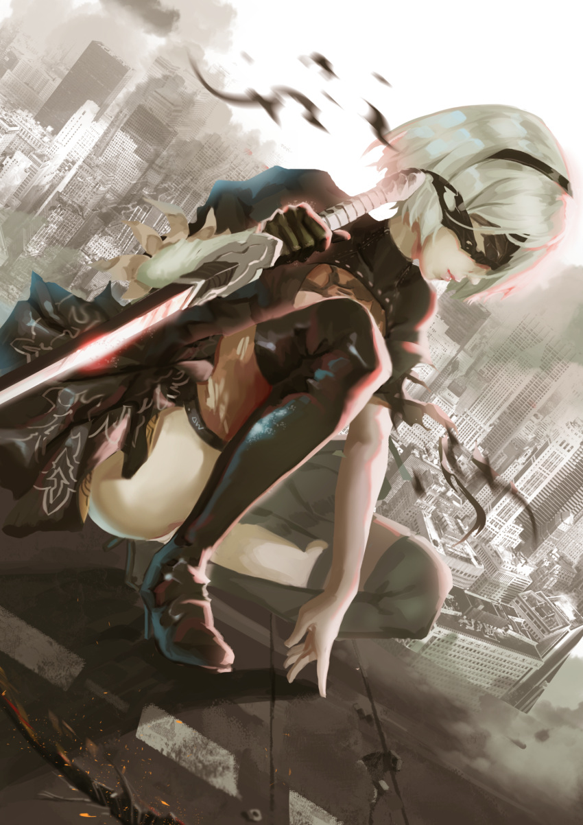 1girl black_blindfold black_dress black_gloves black_hair blindfold boots cityscape cleavage_cutout clothing_cutout dress feather-trimmed_sleeves from_side gloves high_heels highres holding holding_sword holding_weapon katana nier_(series) nier_automata on_roof short_hair single_glove squatting sword thigh-highs thigh_boots thighhighs_under_boots wangxiii weapon white_hair yorha_no._2_type_b