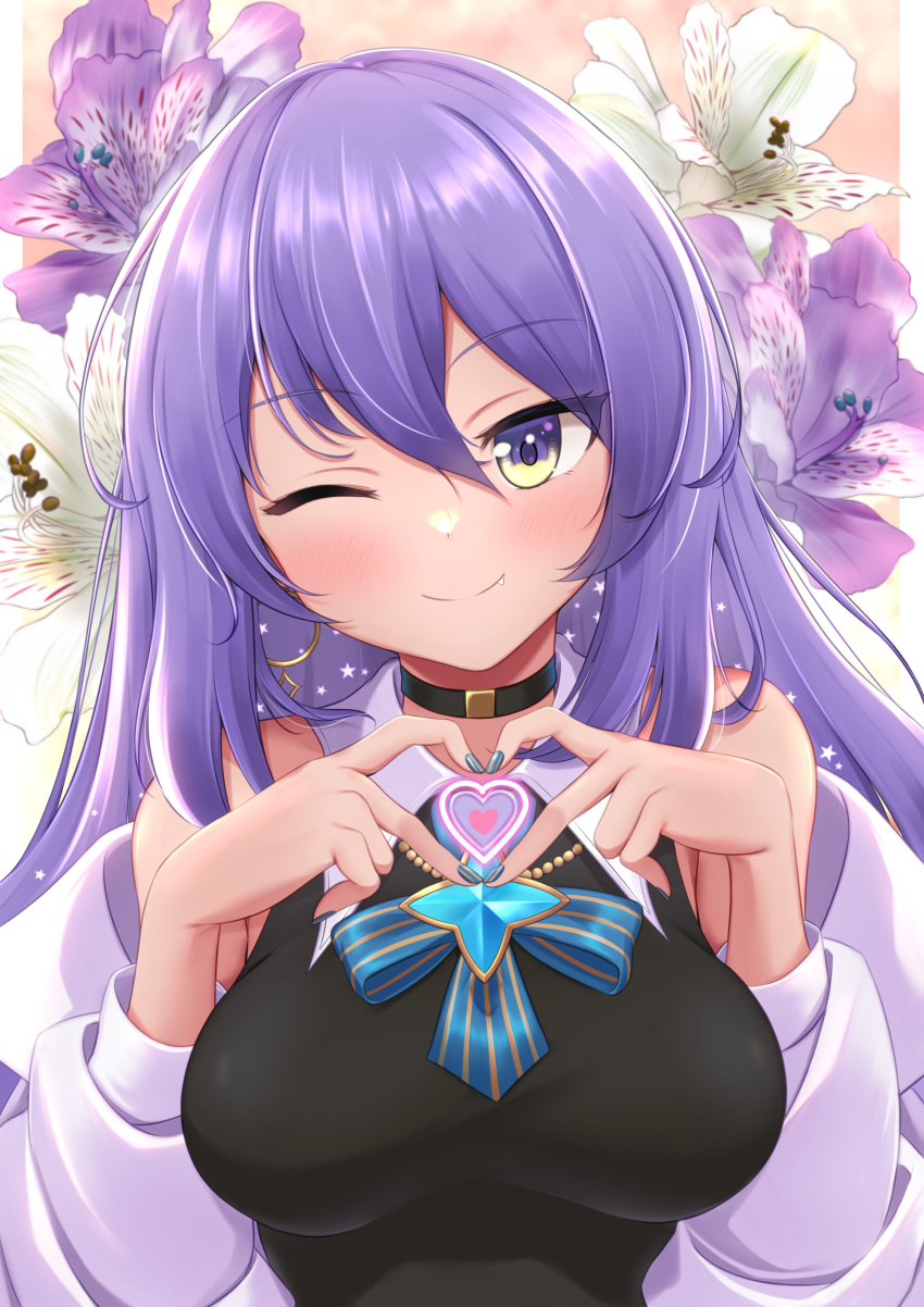 1girl ;) absurdres bangs bare_shoulders black_choker black_shirt blonde_hair blue_bow blue_nails blush bow breasts choker collared_shirt eyebrows_visible_through_hair fang flower gradient_hair hair_between_eyes heart heart_hands highres hololive hololive_indonesia jacket kaigan large_breasts long_hair looking_at_viewer moona_hoshinova multicolored_hair nose_blush off_shoulder one_eye_closed open_clothes open_jacket purple_hair shirt sleeveless sleeveless_shirt smile solo upper_body violet_eyes virtual_youtuber white_jacket