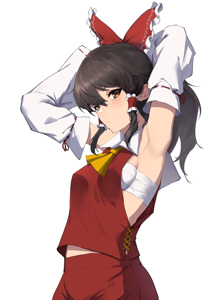 1girl absurdres armpits arms_up ascot bangs black_hair blush bow breasts brown_eyes detached_sleeves frilled_bow frilled_hair_tubes frills hair_between_eyes hair_bow hair_tubes hakurei_reimu highres long_hair long_sleeves looking_at_viewer morinosuke multiple_girls parted_lips presenting_armpit red_bow red_shirt red_skirt ribbon-trimmed_sleeves ribbon_trim sarashi shiny shiny_hair shirt sideboob sidelocks simple_background skirt sleeveless sleeveless_shirt small_breasts solo standing touhou white_background white_sleeves yellow_ascot