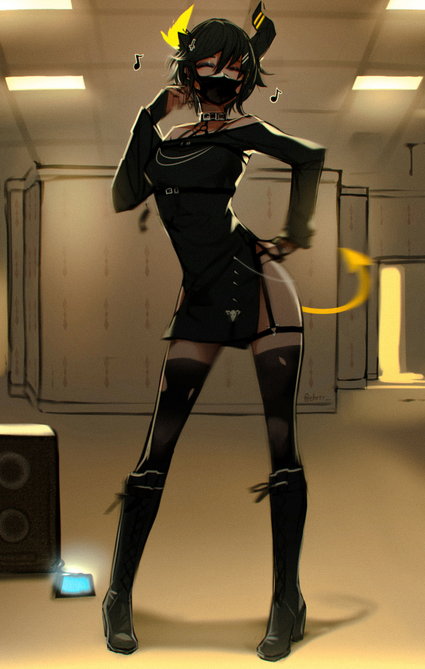 1girl ^_^ amplifier backrooms_(creepypasta) black_hair black_legwear boots breasts cellphone closed_eyes collar dress ehrrr highres horns mask misery-chan mouth_mask musical_note original phone short_hair smartphone solo tail thigh-highs thigh_strap