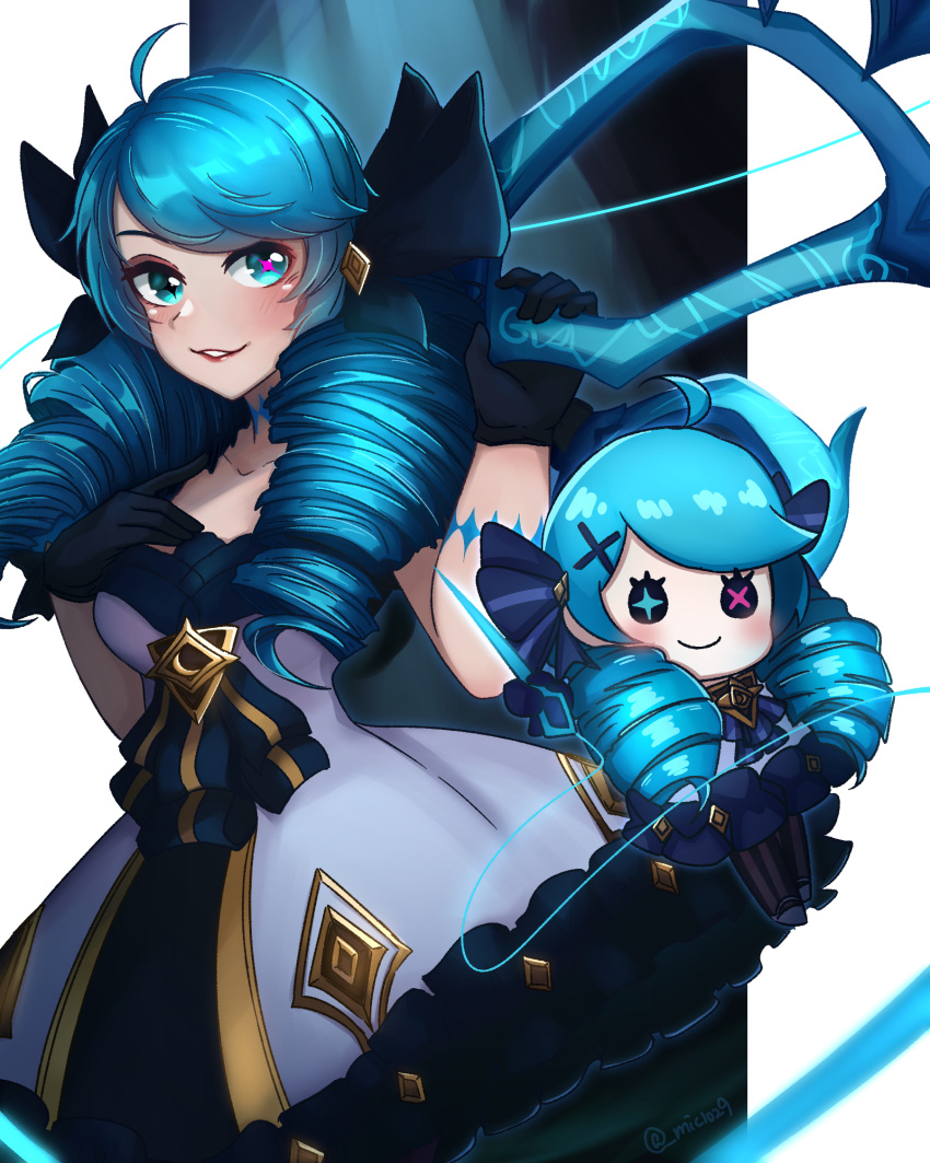 1girl ahoge bangs black_bow black_gloves blue_hair blush bow breasts character_doll collarbone doll dress drill_hair gloves green_eyes green_hair gwen_(league_of_legends) hair_bow highres holding holding_scissors large_breasts league_of_legends long_hair mika_(miko1204) oversized_object parted_lips scissors shiny shiny_hair smile solo teeth twin_drills twintails twitter_username white_background