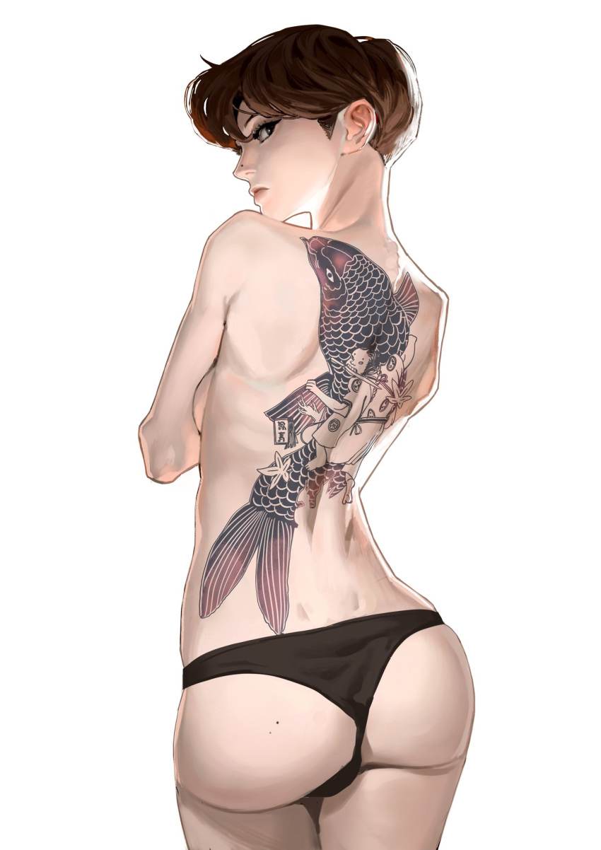 1girl ass back_tattoo bangs black_eyes black_panties breasts brown_hair commentary cowboy_shot english_commentary eyelashes fish_tattoo from_behind frown hands_up heo_sung-moo highres lips looking_at_viewer looking_back mole_on_nose original panties profile self_hug short_hair sideboob simple_background skinny solo tattoo topless undercut underwear underwear_only white_background