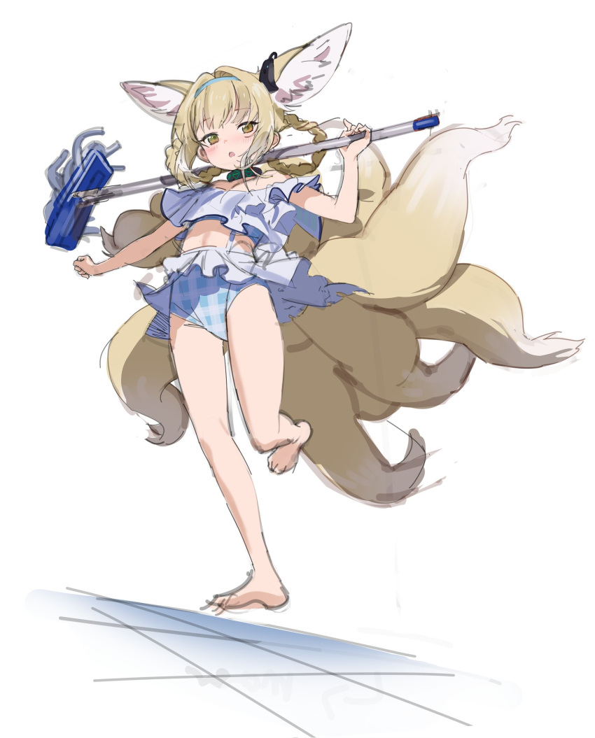 1girl alternate_costume animal_ears arknights barefoot bikini black_collar blonde_hair blue_bikini braid collar dutch_angle earpiece extra_ears fox_ears fox_girl fox_tail highres holding holding_mop infection_monitor_(arknights) kitsune kyuubi looking_at_viewer mop multicolored_hair multiple_tails off-shoulder_shirt off_shoulder seicoh shirt short_hair simple_background sketch solo streaked_hair suzuran_(arknights) swimsuit symbol-only_commentary tail white_background yellow_eyes