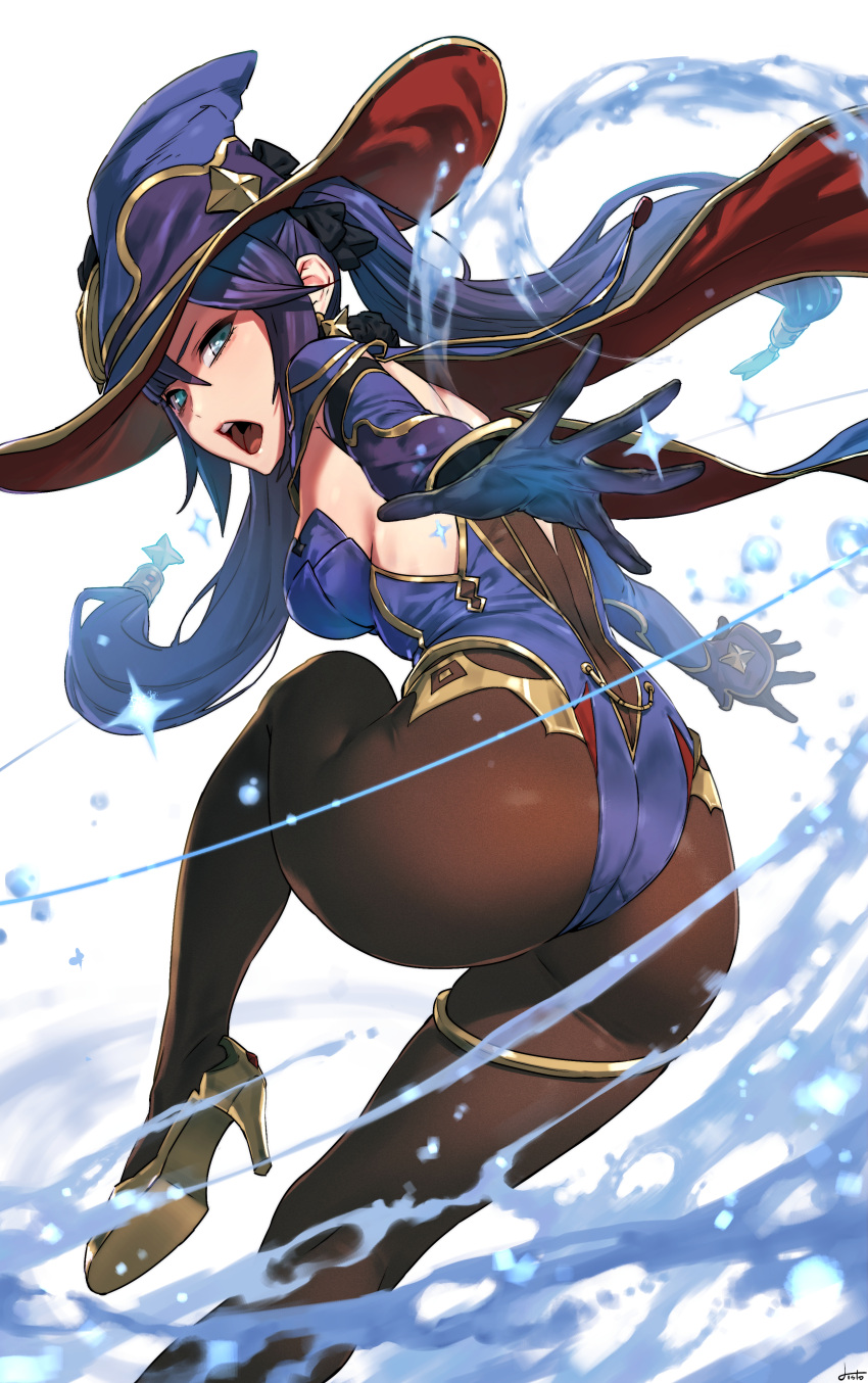 1girl absurdres ass bangs black_gloves blue_eyes blue_hair breasts brown_legwear cape detached_sleeves disto dress earrings elbow_gloves genshin_impact gloves hat high_heels highres jewelry long_hair looking_at_viewer looking_back medium_breasts mona_(genshin_impact) open_mouth outstretched_arm outstretched_arms pantyhose purple_hair signature solo witch_hat