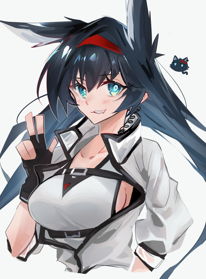 1girl absurdres animal_ears arknights black_gloves blaze_(arknights) blue_eyes breasts cat cat_ears earpiece extra_ears eyebrows_visible_through_hair fang fingerless_gloves gloves hairband hand_up highres jacket kaguura_(kagu) large_breasts long_hair looking_at_viewer open_clothes open_jacket red_hairband shirt sideboob simple_background solo upper_body v white_background white_jacket white_shirt