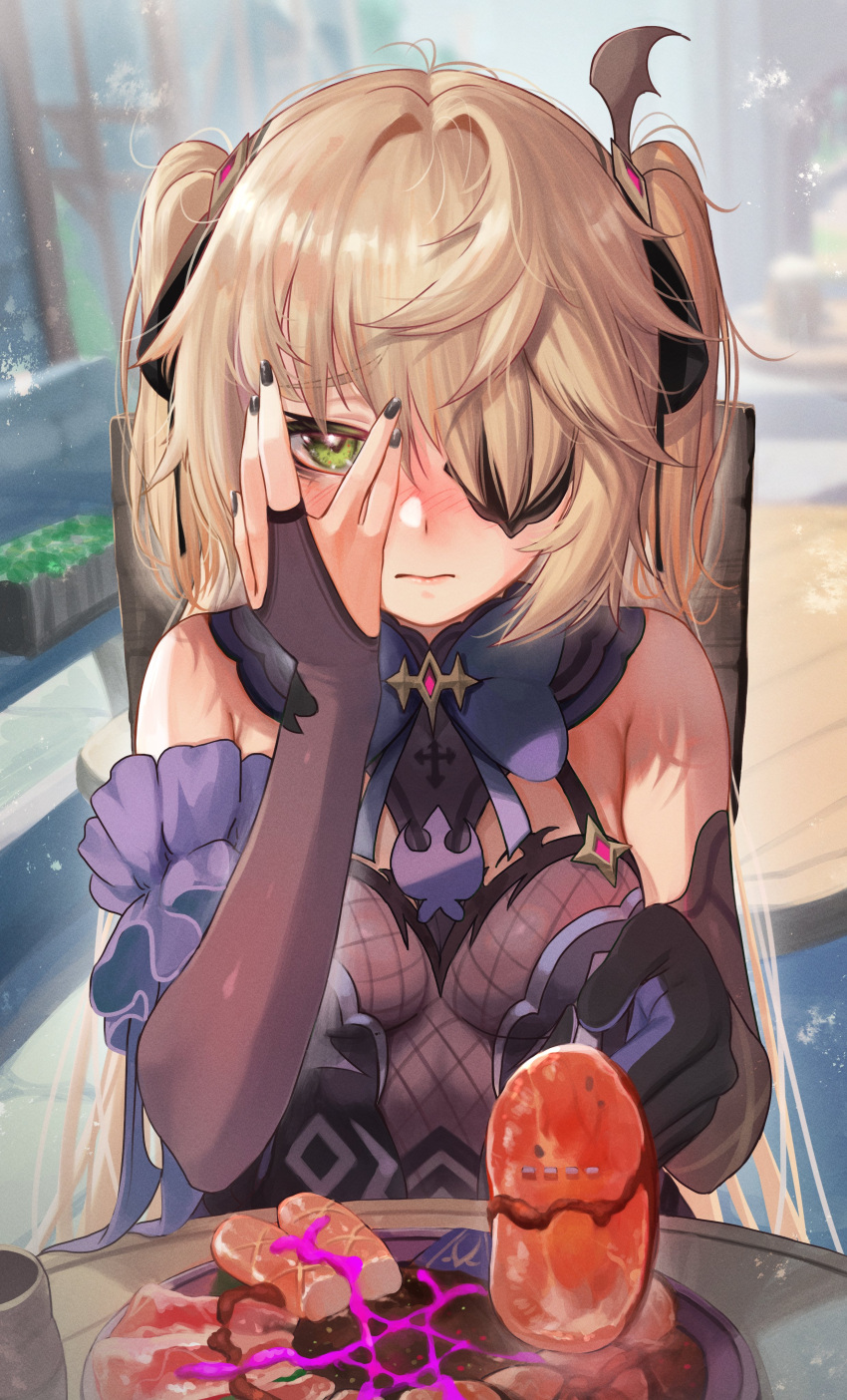 1girl absurdres asymmetrical_gloves black_eyepatch black_gloves blonde_hair blush breasts bridal_gauntlets closed_mouth commentary_request embarrassed eyebrows_visible_through_hair eyepatch fingernails fischl_(genshin_impact) food genshin_impact gloves green_eyes hair_ornament highres long_hair looking_at_viewer meat medium_breasts pentagram sitting solo torriet