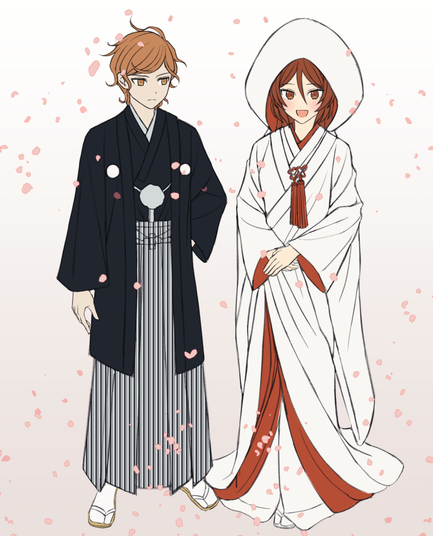 1boy 1girl :d :| absurdres ahoge bangs black_kimono brown_eyes brown_hair closed_mouth danganronpa_another dress expressionless full_body geta groom hair_between_eyes hakama hands_on_hips haori haori_himo highres japanese_clothes kimono light_blush long_sleeves maeda_yuki orange_eyes orange_hair own_hands_clasped own_hands_together petals ppakunak simple_background smile standing taira_akane uchikake wedding wedding_dress white_kimono