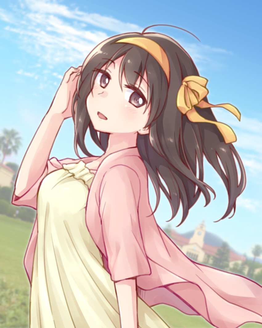 1girl :d ahoge alternate_costume bangs blue_sky brown_eyes brown_hair building casual commentary_request dress grass hair_ribbon hairband hand_in_hair highres jacket looking_at_viewer looking_to_the_side medium_hair open_clothes open_jacket open_mouth outdoors pink_jacket ribbon sky smile solo suzumiya_haruhi suzumiya_haruhi_no_yuuutsu taiki_(6240taiki) yellow_dress yellow_hairband yellow_ribbon
