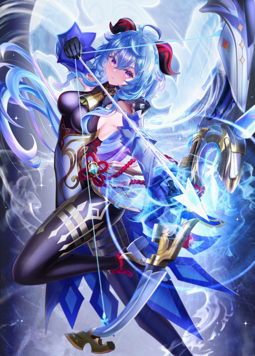 1girl absurdres ahoge amos'_bow_(genshin_impact) arrow_(projectile) bangs bare_shoulders bell black_gloves black_legwear blue_hair blush bow_(weapon) breasts chinese_knot detached_sleeves drawing_bow eyebrows_visible_through_hair flower_knot ganyu_(genshin_impact) genshin_impact gloves gold_trim high_heels highres holding holding_arrow holding_bow_(weapon) holding_weapon horns legs long_hair looking_at_another masukudo_(hamamoto_hikaru) medium_breasts neck_bell orb pelvic_curtain red_rope rope sideboob sidelocks solo thighlet thighs very_long_hair violet_eyes vision_(genshin_impact) waist_cape weapon white_sleeves