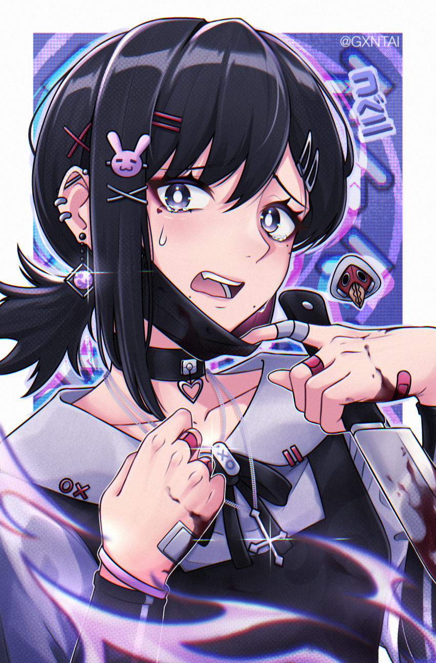 1girl absurdres alternate_costume black_eyes black_hair blood blood_on_knife chainsaw_man cross earrings gantai-_(gxntai) hair_ornament hairclip higashiyama_kobeni highres holding inverted_cross jewelry knife looking_at_viewer mask mask_removed mole mole_under_eye mole_under_mouth nervous open_mouth shirt short_hair short_ponytail solo sweat weapon