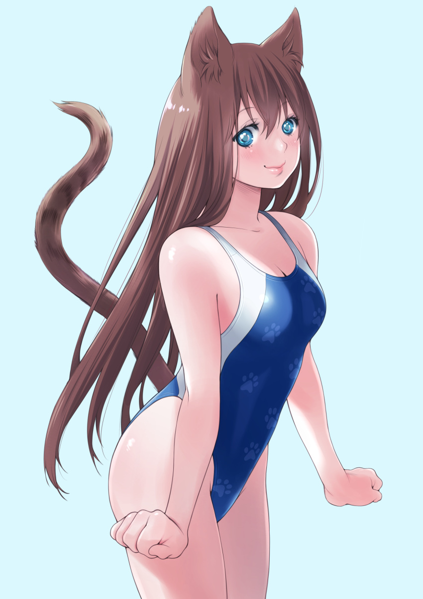 1girl absurdres animal_ears blue_background blue_eyes blue_swimsuit brown_hair cat_ears cat_tail competition_swimsuit cowboy_shot highleg highleg_swimsuit highres long_hair macosee one-piece_swimsuit original paw_print simple_background smile solo standing swimsuit tail two-tone_swimsuit