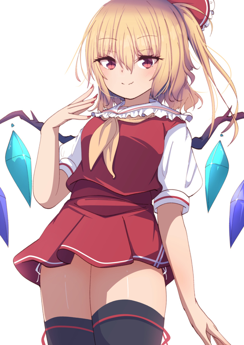 ascot blonde_hair bow crystal darumoon fang flandre_scarlet frilled_shirt_collar frilled_sleeves frills highres medium_hair one_side_up puffy_short_sleeves puffy_sleeves red_bow red_eyes red_ribbon red_skirt red_vest ribbon shirt short_sleeves skirt touhou vest white_shirt wings yellow_ascot
