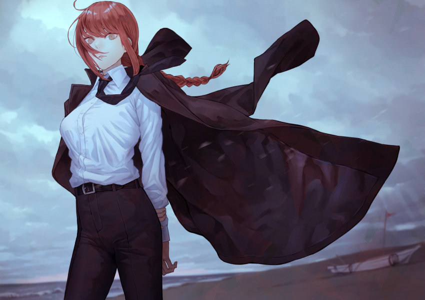 1girl arms_behind_back beach black_necktie black_pants boat braid braided_ponytail chainsaw_man clouds cloudy_sky coat coat_on_shoulders collared_shirt cowboy_shot grabbing_own_arm hair_between_eyes highres kaoming long_hair looking_at_viewer makima_(chainsaw_man) necktie ocean pants parted_lips redhead ringed_eyes shirt sky solo watercraft white_shirt wind