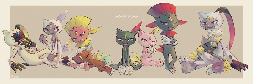 2022 :3 alternate_color chest_jewel claws dated evolutionary_line eyelashes fang forehead_jewel hand_on_another's_head hisuian_sneasel kuzukazura lap_pillow looking_at_viewer pokemon pokemon_(creature) red_eyes shiny_pokemon sitting sleeping smile sneasel sneasler weavile yawning yellow_eyes