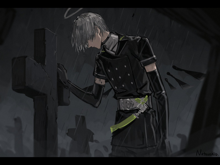 1boy arene_(arknights) arknights artist_name bishounen dark_sky graveyard grey_hair halo highres looking_down male_focus natsushio_(x2i2a) rain sad short_hair solo tombstone wet wet_clothes wet_hair wings