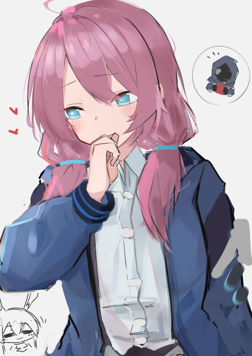 1girl ahoge amiya_(arknights) arknights asususususu blue_eyes blue_jacket blue_poison_(arknights) blush buttons collared_shirt doctor_(arknights) eyebrows_visible_through_hair hand_up heart highres jacket long_hair looking_away open_clothes open_jacket pink_hair shirt simple_background solo twintails upper_body white_background white_shirt