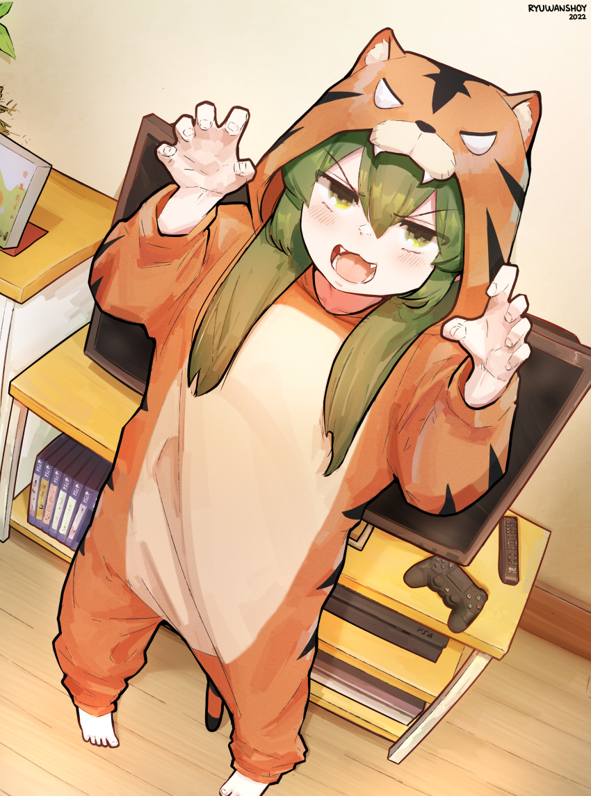 1girl absurdres animal_costume animal_print bangs blush claw_pose commentary controller dualshock eyebrows_visible_through_hair fangs full_body game_console game_controller gamepad green_eyes green_hair highres igarashi_futaba_(shiromanta) indoors looking_at_viewer lower_teeth open_mouth playstation_4 playstation_controller remote_control ryu_(ryuwanshoy) senpai_ga_uzai_kouhai_no_hanashi solo standing teeth television tiger_costume tiger_print