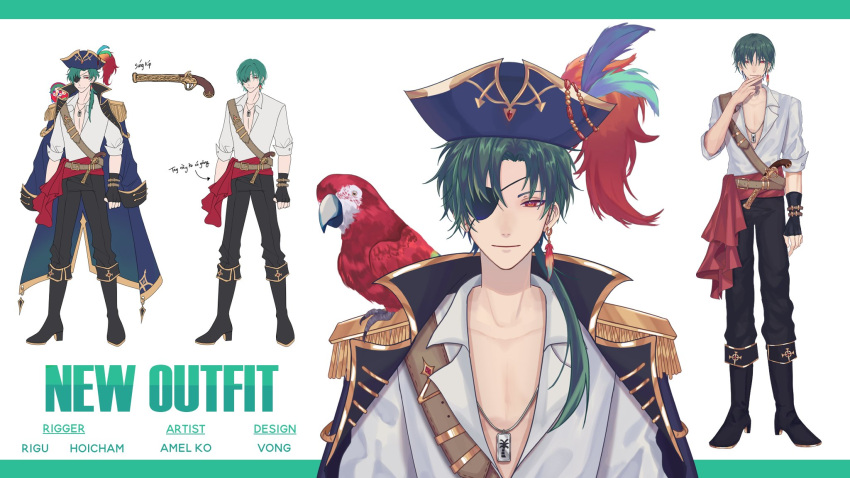 1boy 3di_project amel3di bird black_eyepatch boots character_sheet closed_mouth collarbone collared_shirt earrings eyepatch feather_earrings feathers full_body green_hair gun hat highres jewelry jortun_leventor long_sleeves male_focus parrot pirate pirate_costume pirate_hat shirt short_hair weapon