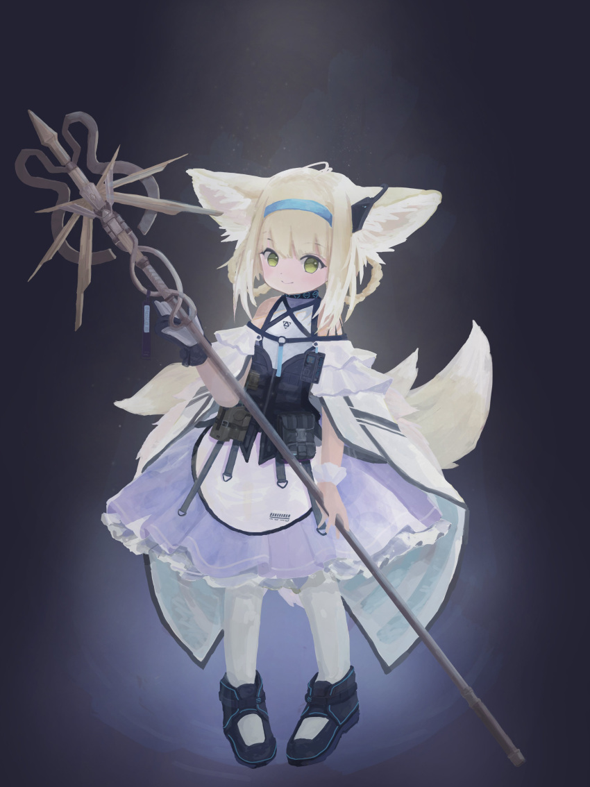 1girl absurdres animal_ears arknights bare_shoulders black_background black_collar black_footwear black_gloves blonde_hair blue_hairband child collar dress earpiece eyebrows_behind_hair fox_ears fox_girl fox_tail full_body gloves green_eyes hairband highres holding holding_staff infection_monitor_(arknights) kitsune long_hair mani_tamlyn multiple_tails oripathy_lesion_(arknights) pantyhose shoes single_glove smile solo staff standing suzuran_(arknights) tactical_clothes tail two-tone_gloves vest white_dress white_gloves white_legwear