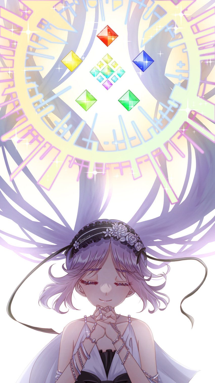 1girl armlet bangs black_bow black_ribbon bow closed_eyes closed_mouth commentary dress euryale_(fate) eyebrows_visible_through_hair facing_viewer fate/grand_order fate_(series) flower frilled_hairband frills hairband halo headdress highres interlocked_fingers jewelry mumei_(meiime_) own_hands_clasped own_hands_together parted_bangs purple_hair ribbon ribbon-trimmed_hairband simple_background sleeveless sleeveless_dress smile solo twintails twitter_username upper_body white_background white_dress white_flower