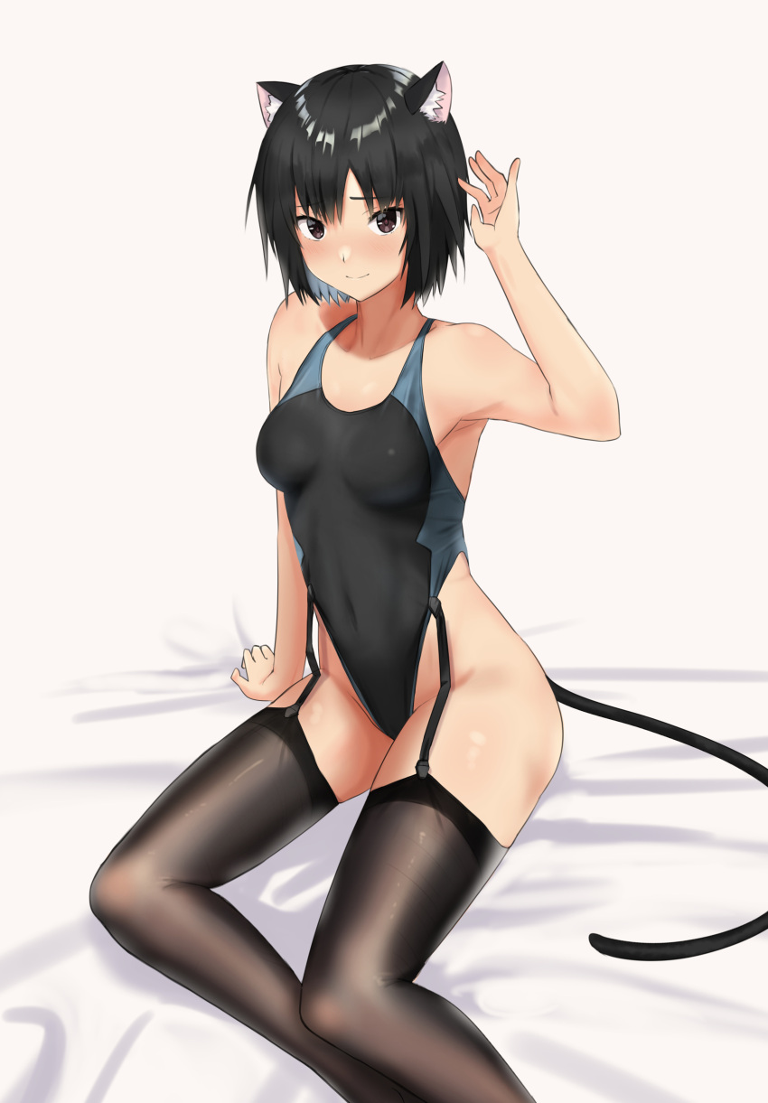 1girl absurdres amagami animal_ears armpits black_eyes black_hair black_legwear black_swimsuit bob_cut cat_day cat_ears cat_tail closed_mouth commentary_request competition_swimsuit feet_out_of_frame garter_straps highleg highleg_swimsuit highres nanasaki_ai one-piece_swimsuit short_hair sitting smile solo swimsuit tail thigh-highs ykh1028
