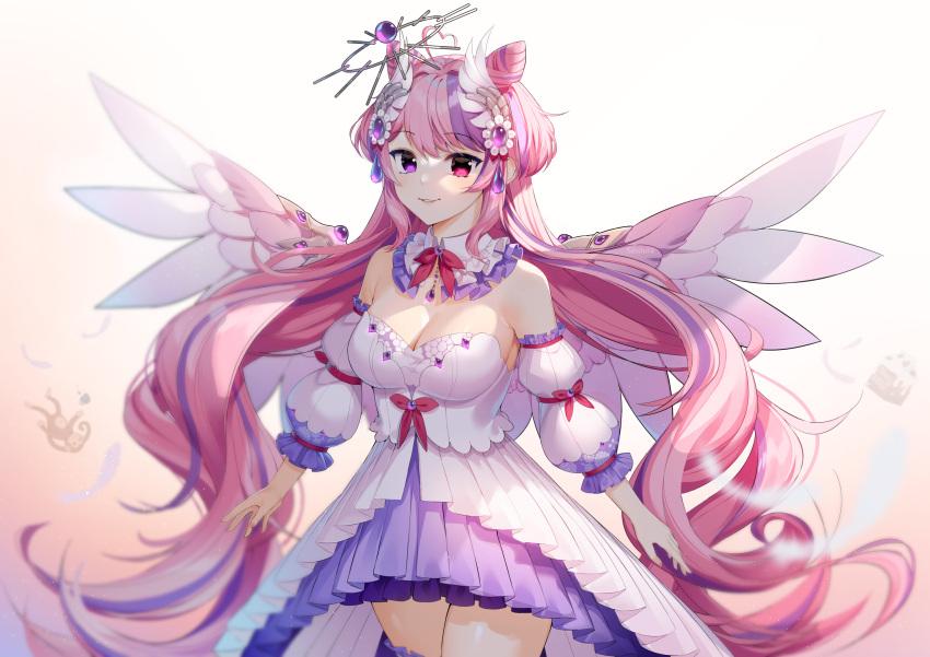 1girl angel_wings artist_name bare_shoulders breasts commentary cowboy_shot detached_collar detached_sleeves dress english_commentary eyebrows_visible_through_hair gradient gradient_background hair_cones hair_ornament heterochromia highres ironmouse large_breasts long_hair looking_at_viewer multicolored_hair parted_lips pink_background pink_hair puffy_detached_sleeves puffy_sleeves purple_hair red_eyes sasoura simple_background smile solo streaked_hair very_long_hair violet_eyes virtual_youtuber vshojo watermark white_background wings