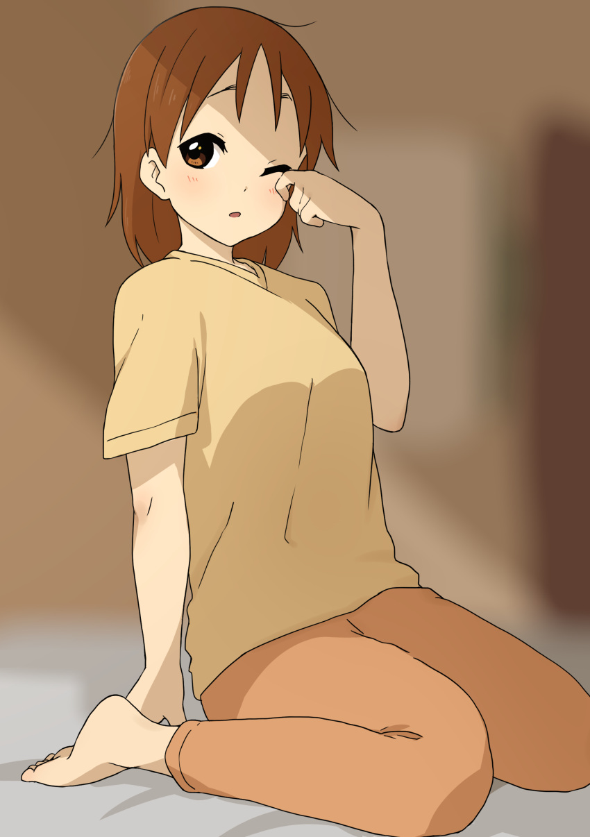 1girl absurdres barefoot blurry blurry_background brown_eyes brown_hair commentary_request full_body highres hirasawa_ui indoors k-on! kicchi_(tmgk) looking_at_viewer medium_hair one_eye_closed orange_pants pajamas pants parted_lips rubbing_eyes shirt short_sleeves sitting solo waking_up wariza yellow_shirt
